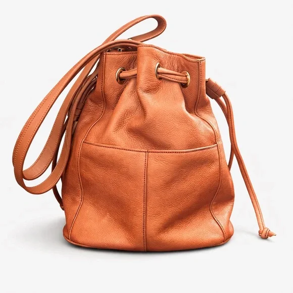 Cole Haan Cognac Pebbled Leather Bucket Bag Drawstring Shoulder Crossbody - Picture 4 of 11